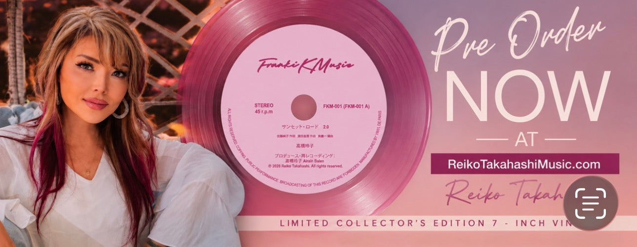 Official promotional banner for Reiko Takahashi's Sunset Road 2.0 limited collector's edition 7-inch translucent magenta vinyl available for pre-order at ReikoTakahashiMusic.com