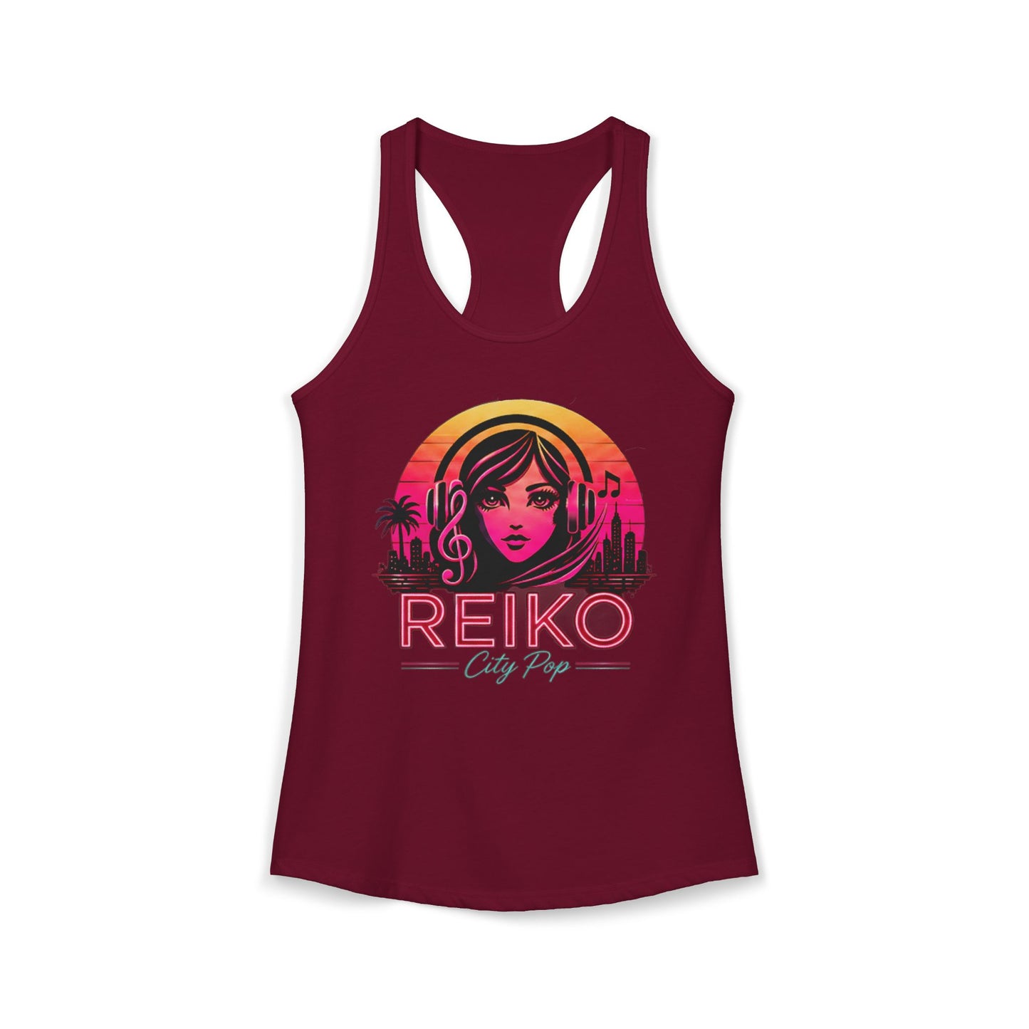 Official Reiko women's solid cardinal red racerback tank top with sunset logo graphic, premium festival and concert apparel. 