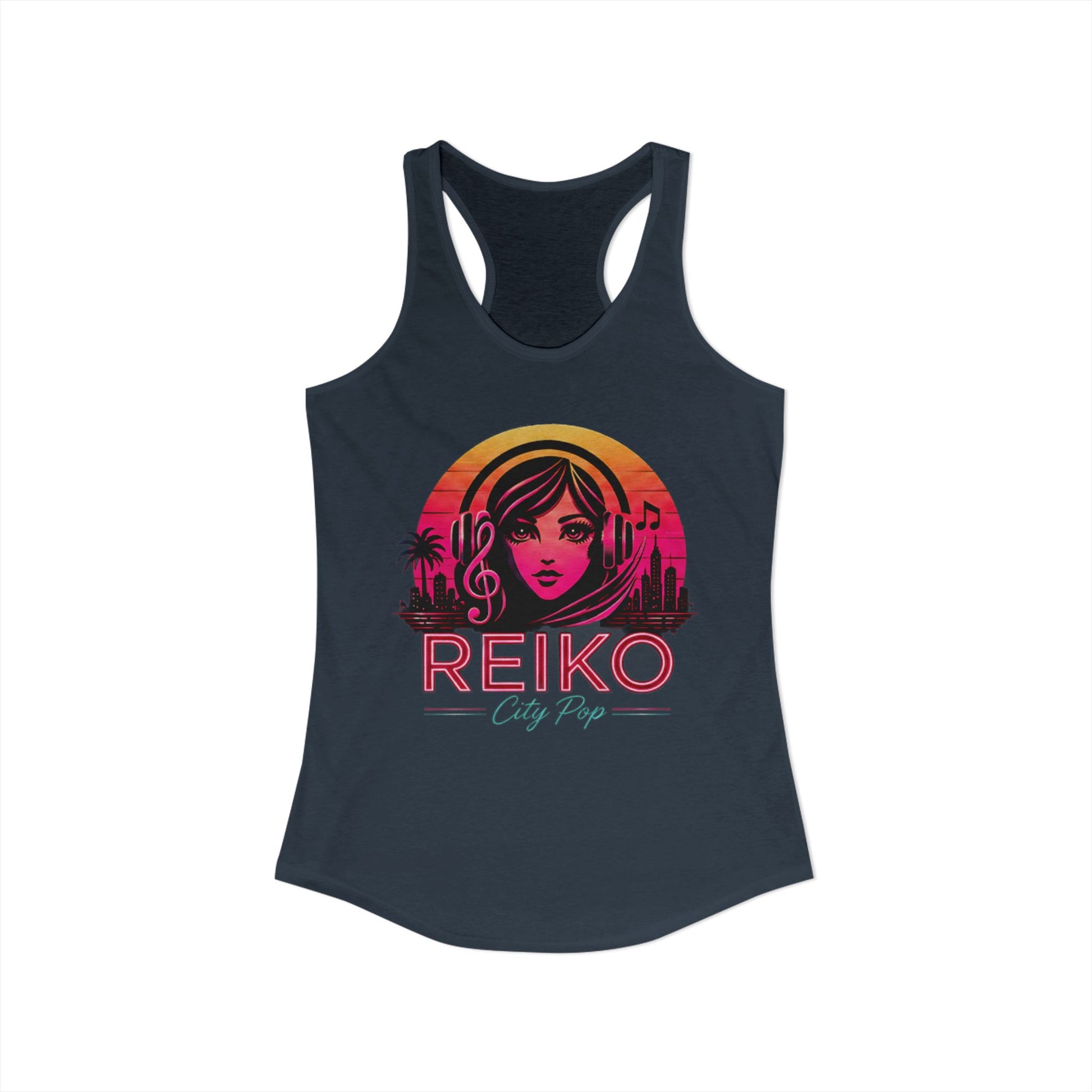 Official Reiko women's solid dark gray racerback tank top with sunset logo graphic, premium festival and concert apparel. 