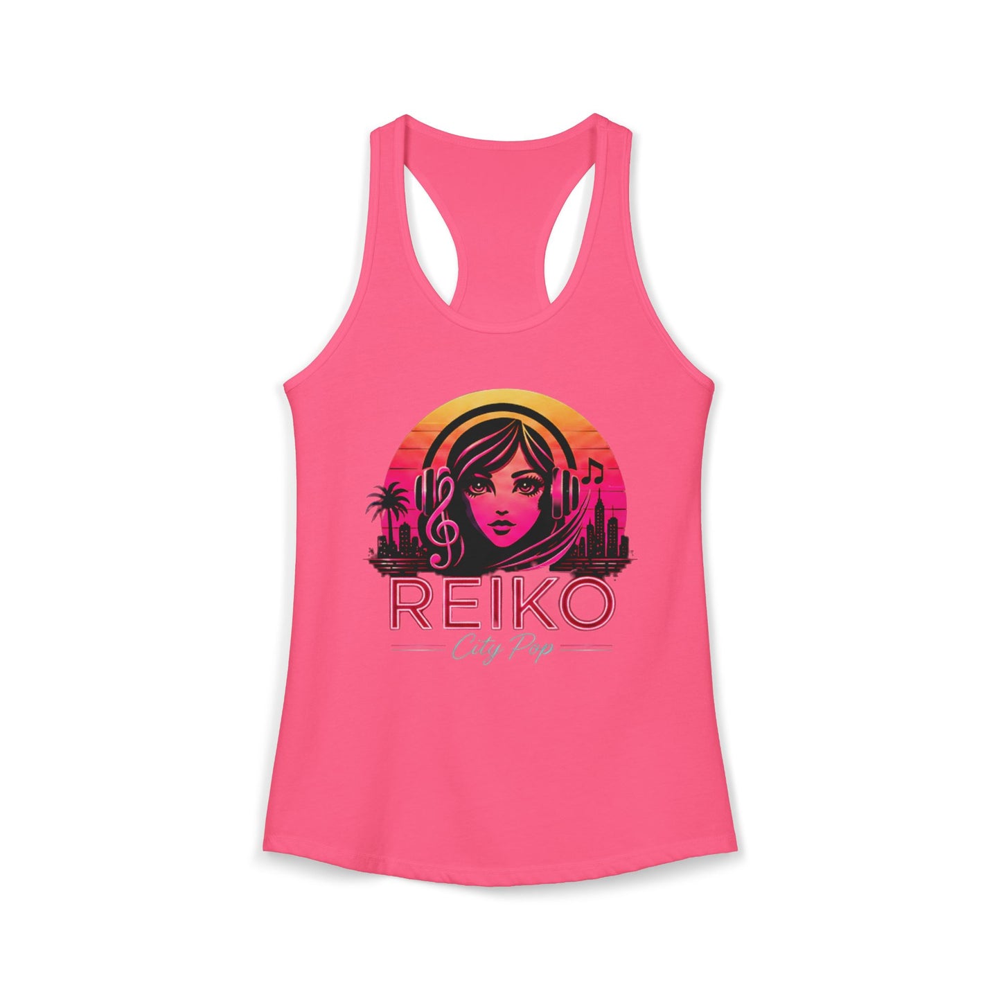 Official Reiko women's solid hot pink racerback tank top with sunset logo graphic, premium festival and concert apparel. 