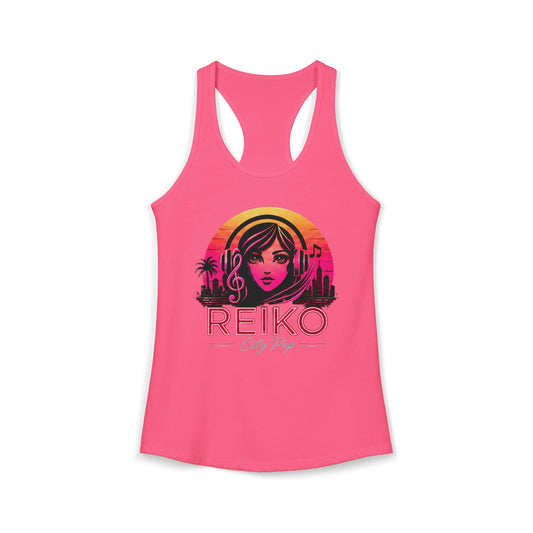 Official Reiko women's solid hot pink racerback tank top with sunset logo graphic, premium festival and concert apparel. 