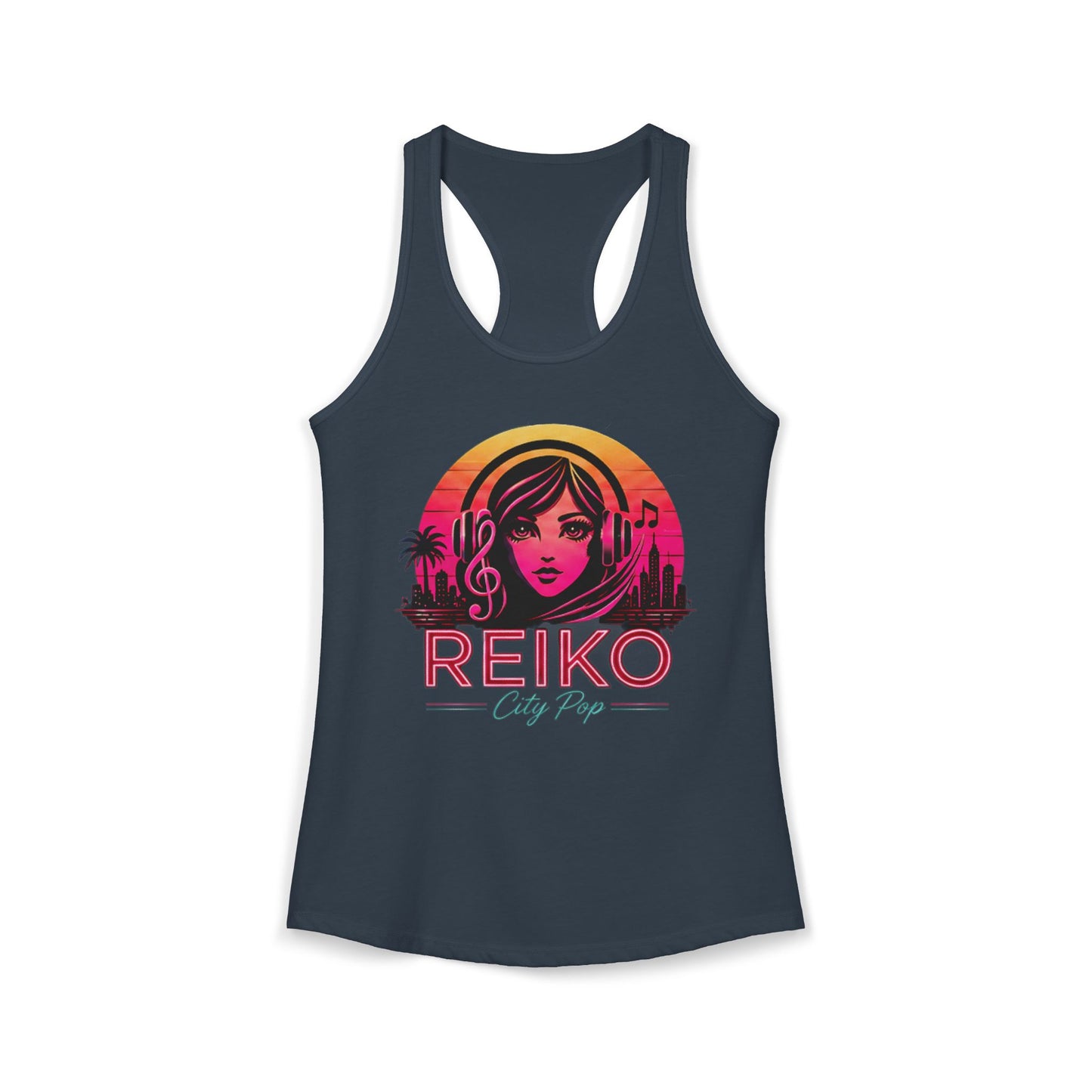 Official Reiko women's solid midnight navy racerback tank top with sunset logo graphic, premium festival and concert apparel. 