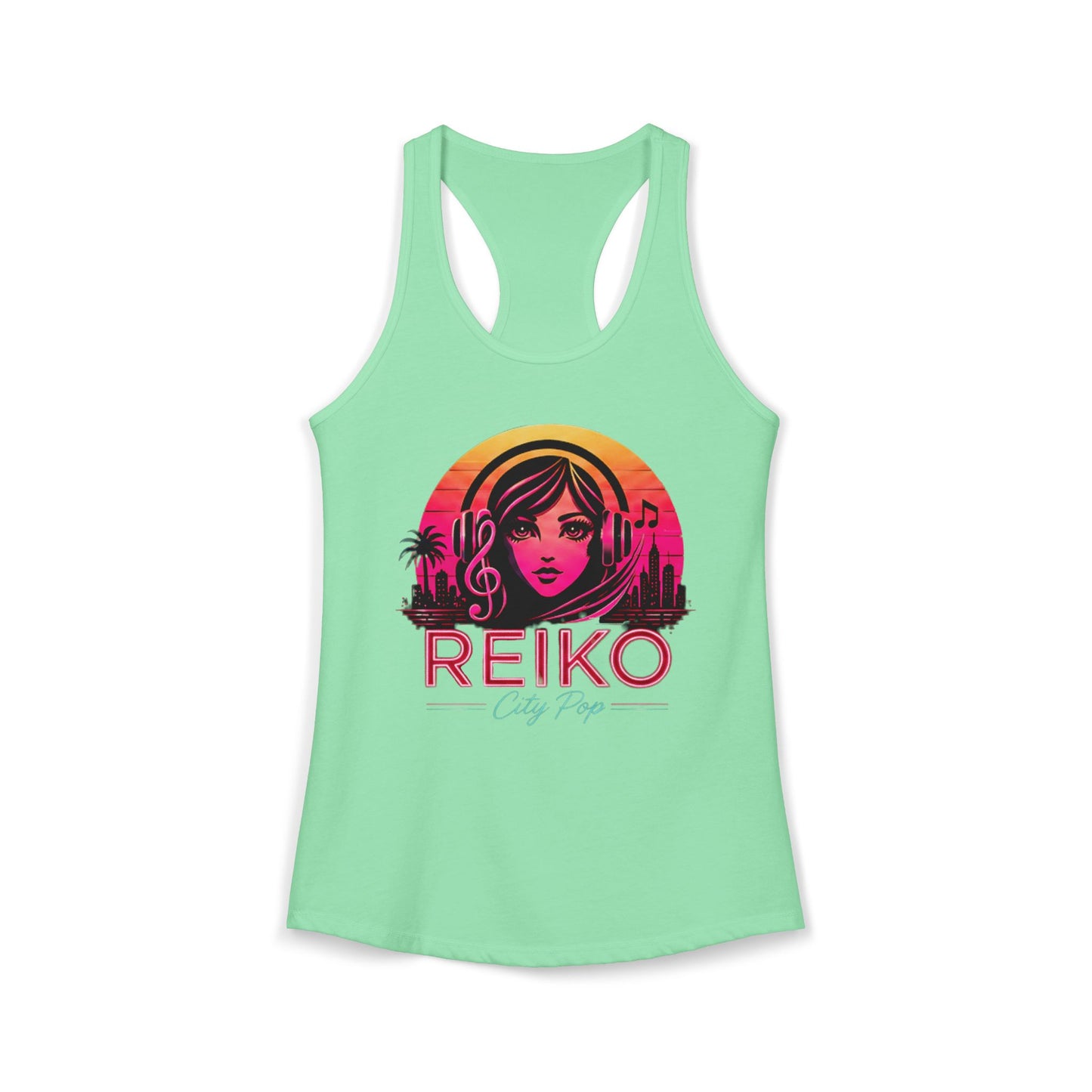 Official Reiko women's solid mint racerback tank top with sunset logo graphic, premium festival and concert apparel. 