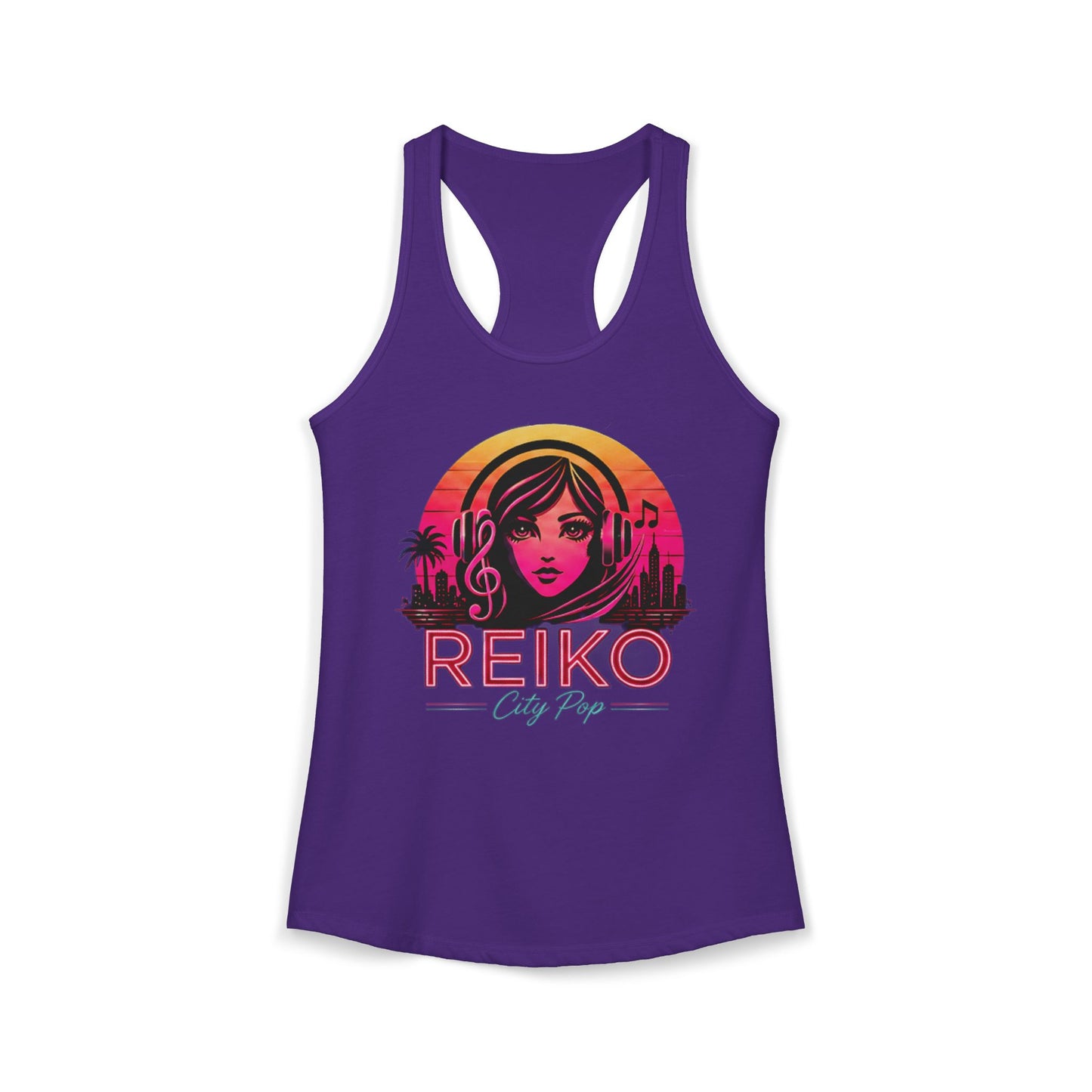 Official Reiko women's solid purple rush racerback tank top with sunset logo graphic, premium festival and concert apparel. 