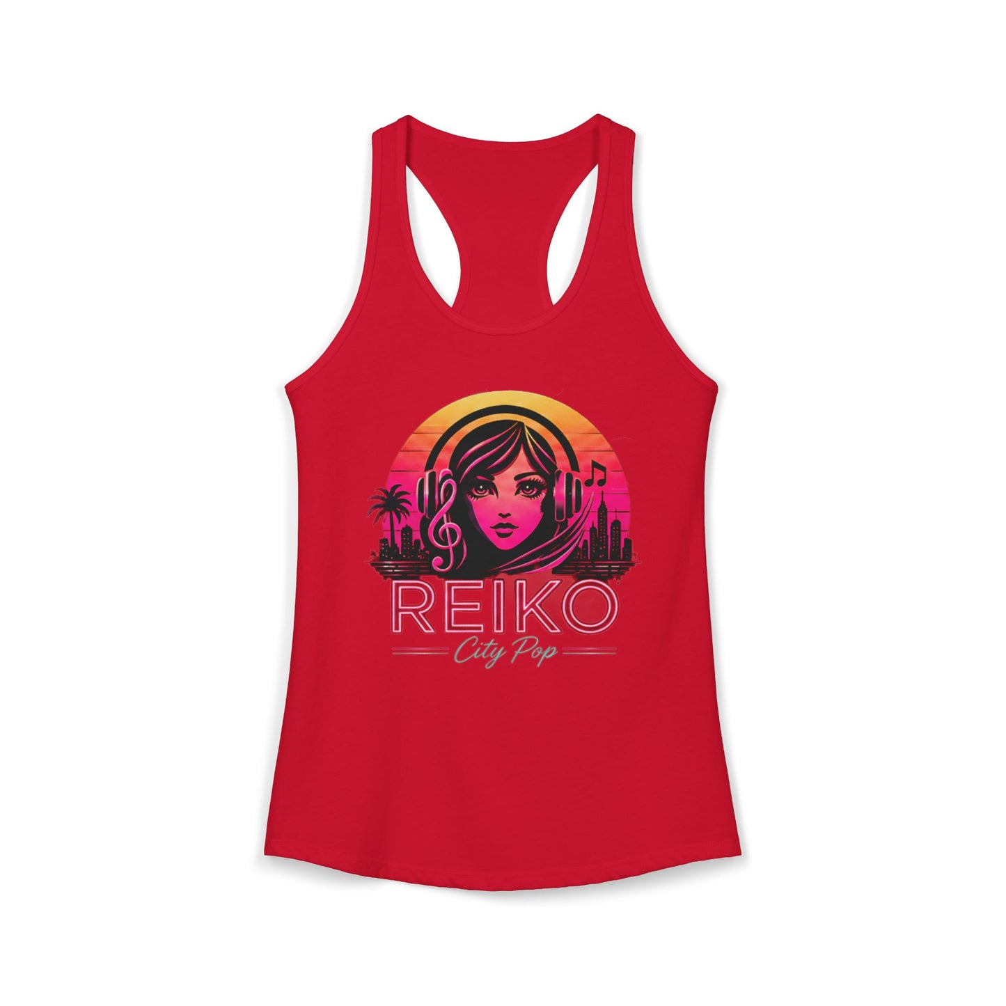 Official Reiko women's solid red racerback tank top with sunset logo graphic, premium festival and concert apparel. 