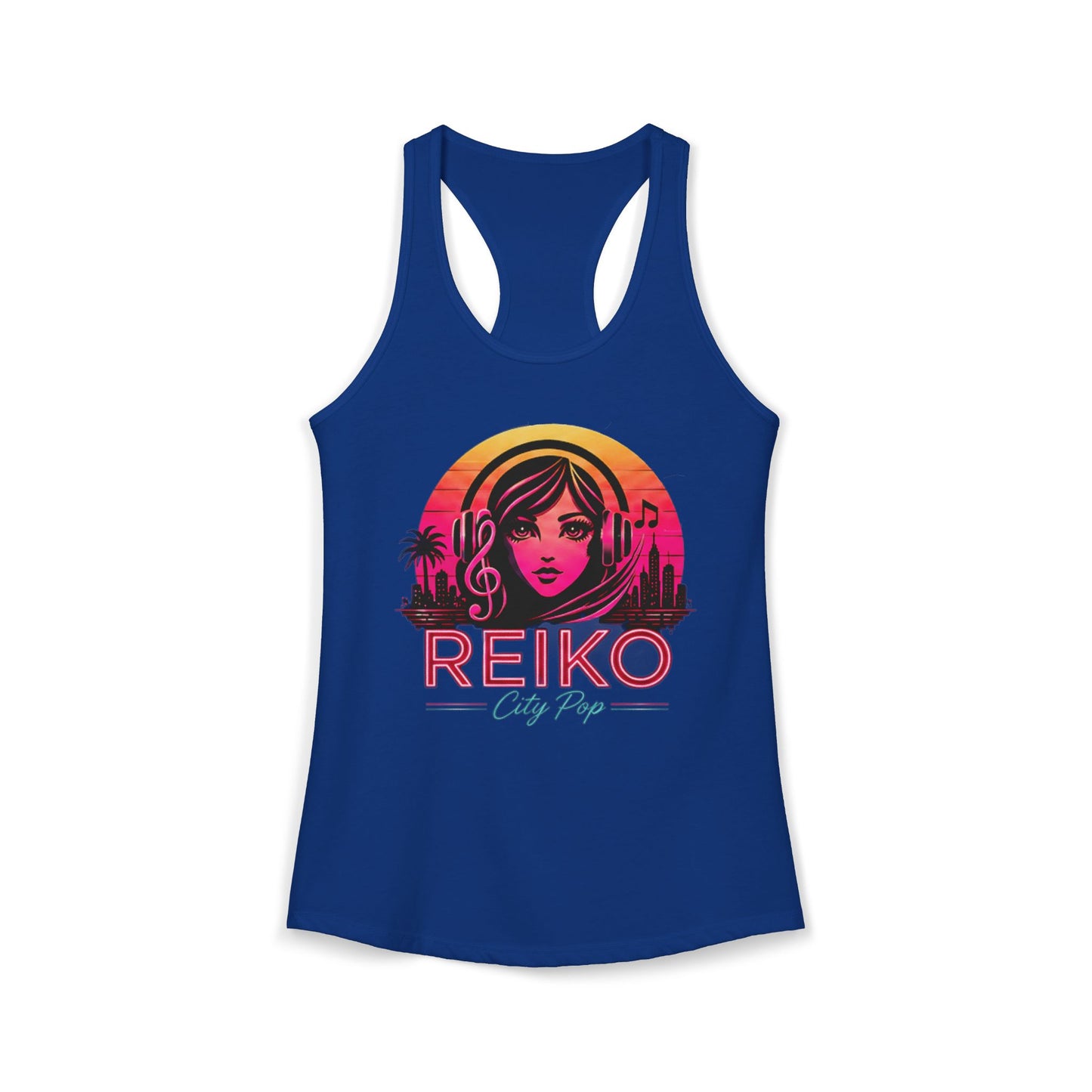 Official Reiko women's solid royal blue racerback tank top with sunset logo graphic, premium festival and concert apparel. 