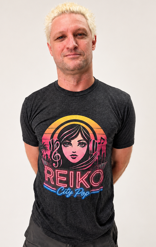 Bass player wearing an official Reiko Takahashi vintage black T-shirt, with a city pop graphic logo.