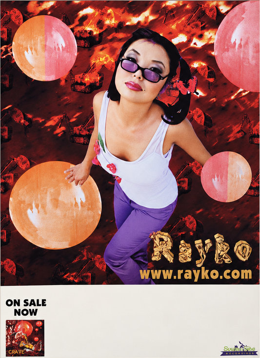 Rayko posing among red balloons and dump trucks as a promotional for Rayko.com and her album Crave