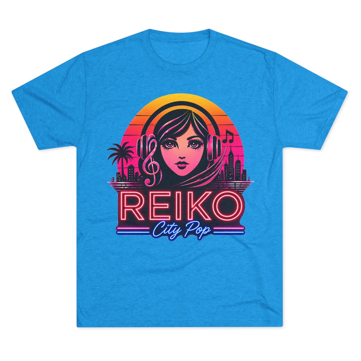 Straight front view of the Reiko Takahashi City Pop Sunset Logo Tee in Vintage Turquoise, printed on a premium Next Level try-blend T-shirt featuring retro neon artwork inspired by the song "Sunset Road."