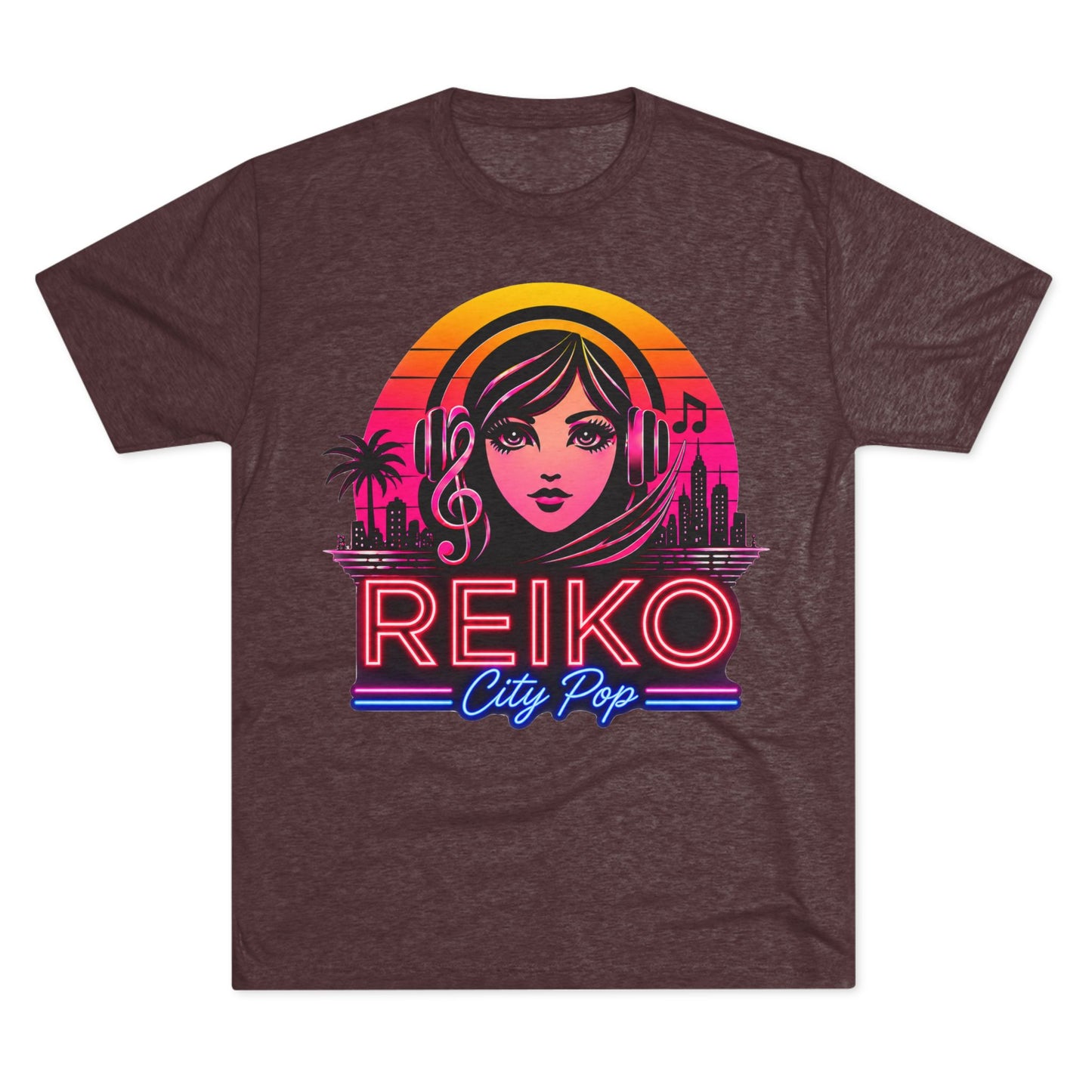 Straight front view of the Reiko Takahashi City Pop Sunset Logo Tee in Cardinal Black, printed on a premium Next Level try-blend T-shirt featuring retro neon artwork inspired by the song "Sunset Road."