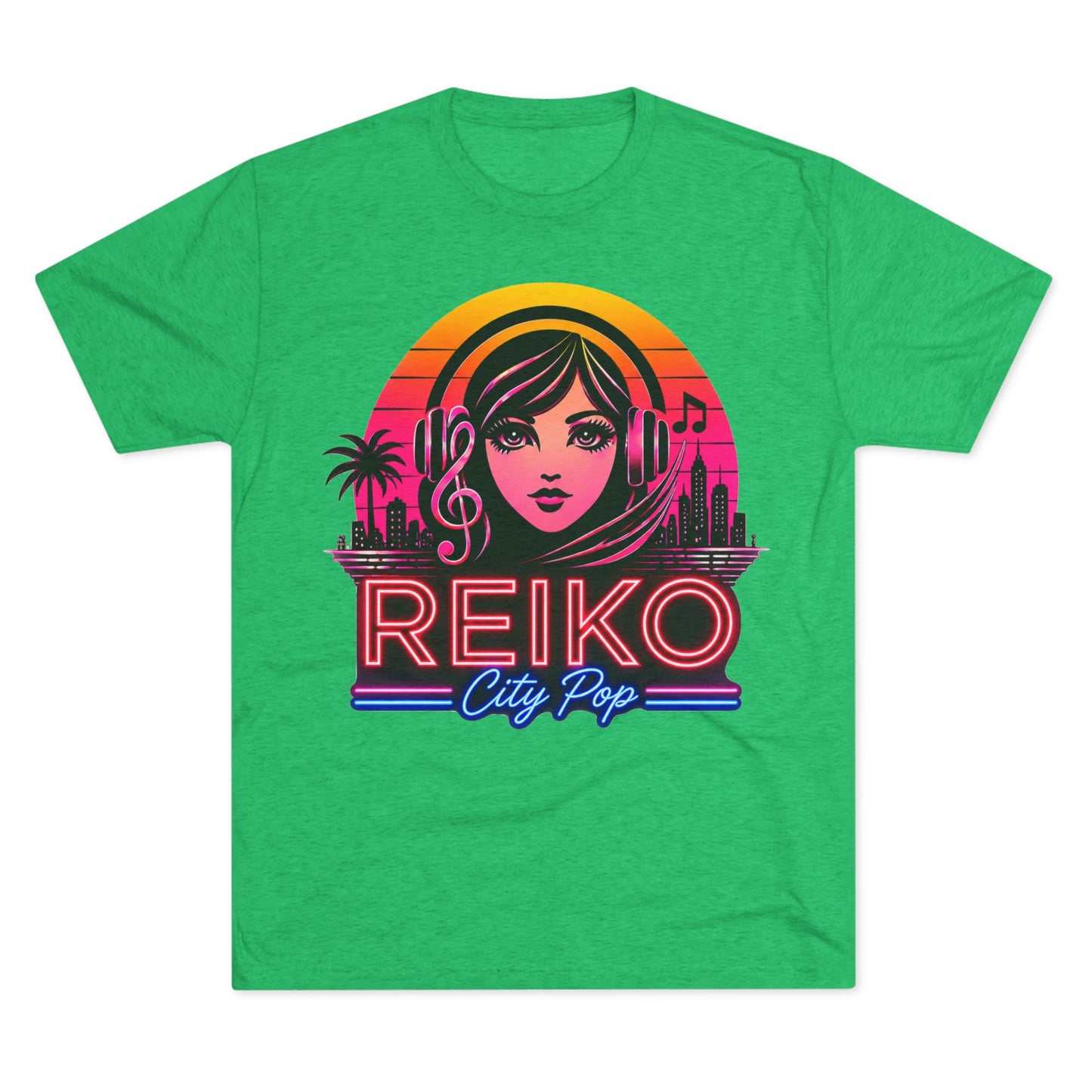 Straight front view of the Reiko Takahashi City Pop Sunset Logo Tee in Envy Green, printed on a premium Next Level try-blend T-shirt featuring retro neon artwork inspired by the song "Sunset Road."