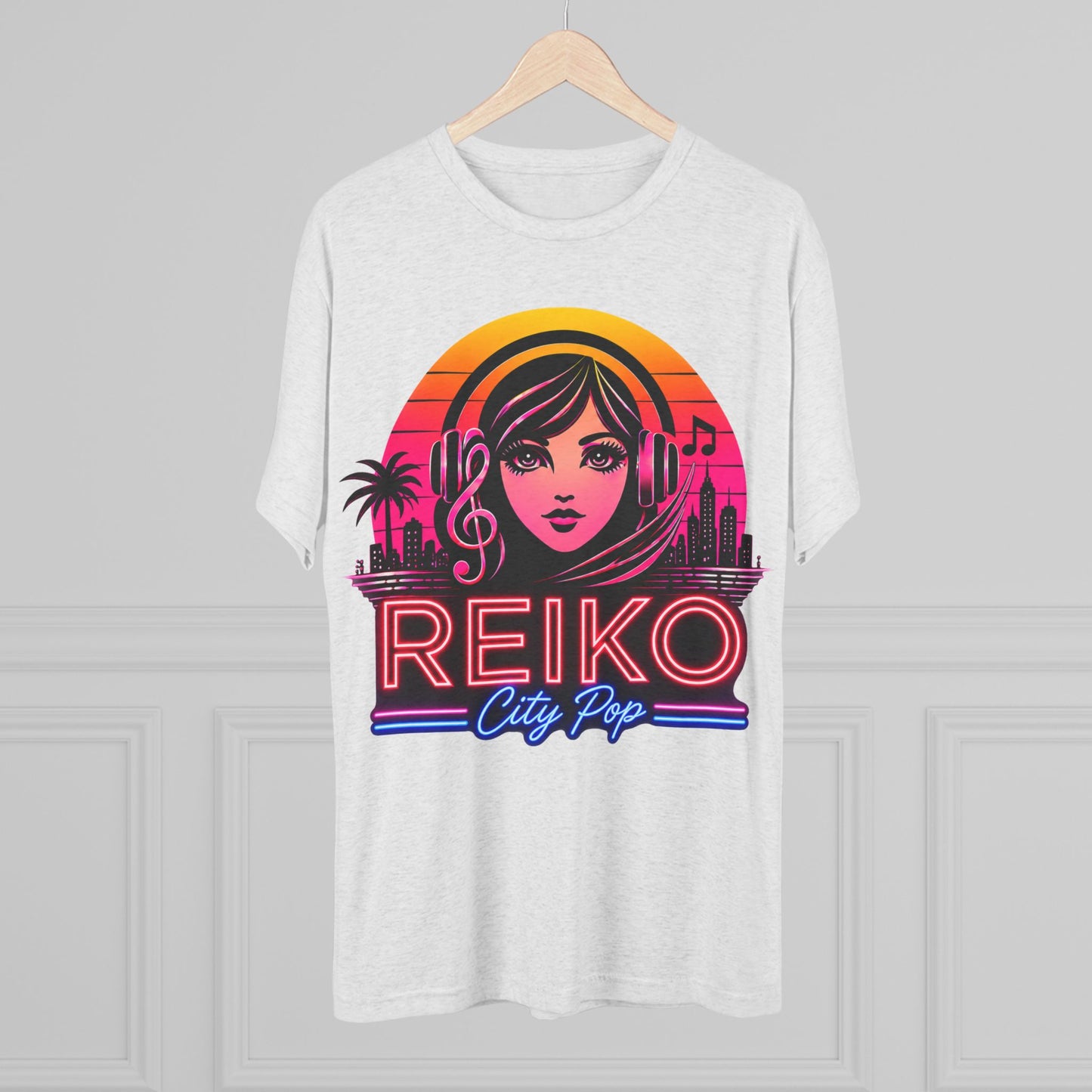 Front view of the Reiko Takahashi City Pop Sunset Logo Tee in Heather White, printed on a premium Next Level try-blend T-shirt, displayed on a hanger, featuring retro neon artwork inspired by the song "Sunset Road."