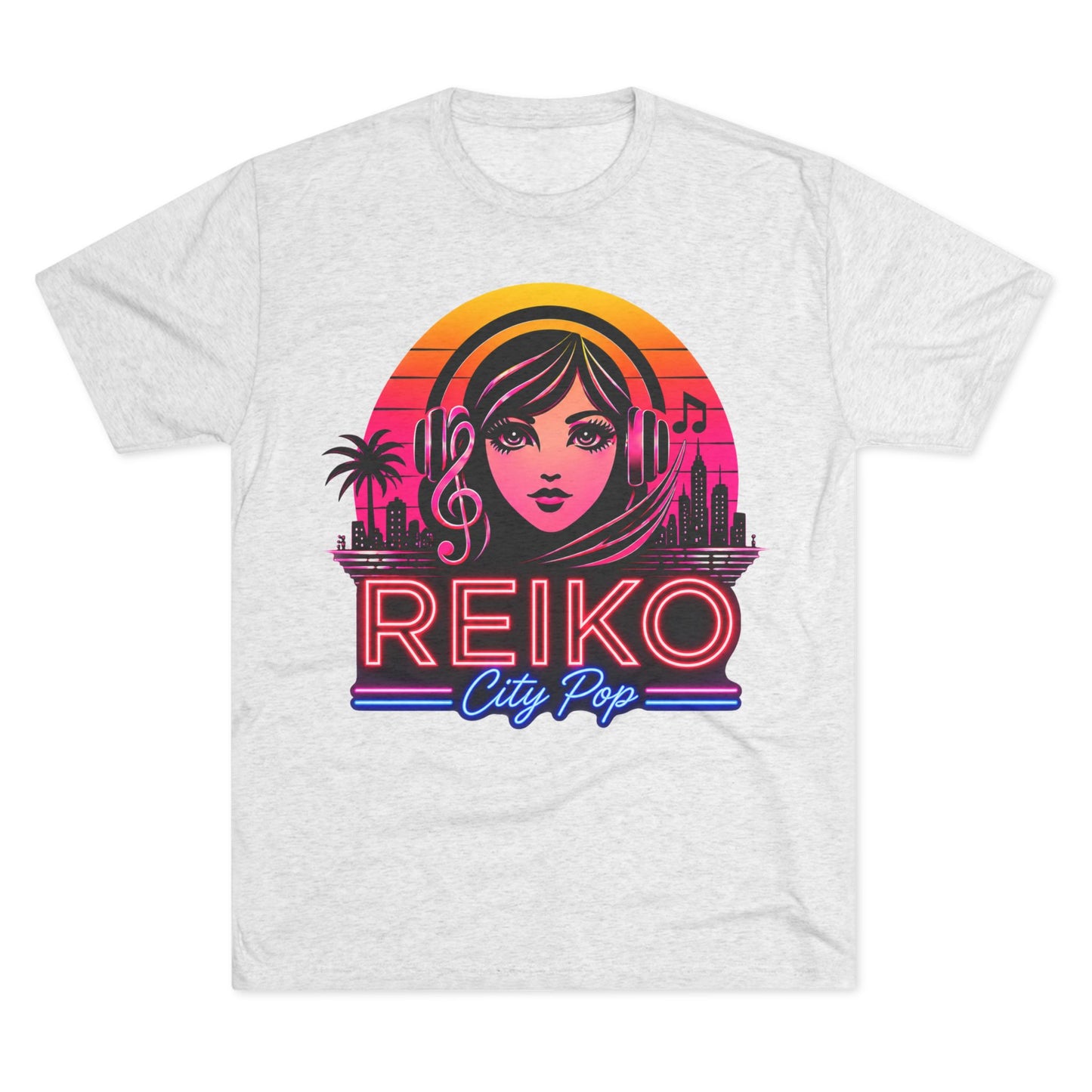 Front view of the Reiko Takahashi City Pop Sunset Logo Tee in Heather White, printed on a premium Next Level try-blend T-shirt, featuring retro neon artwork inspired by the song "Sunset Road."