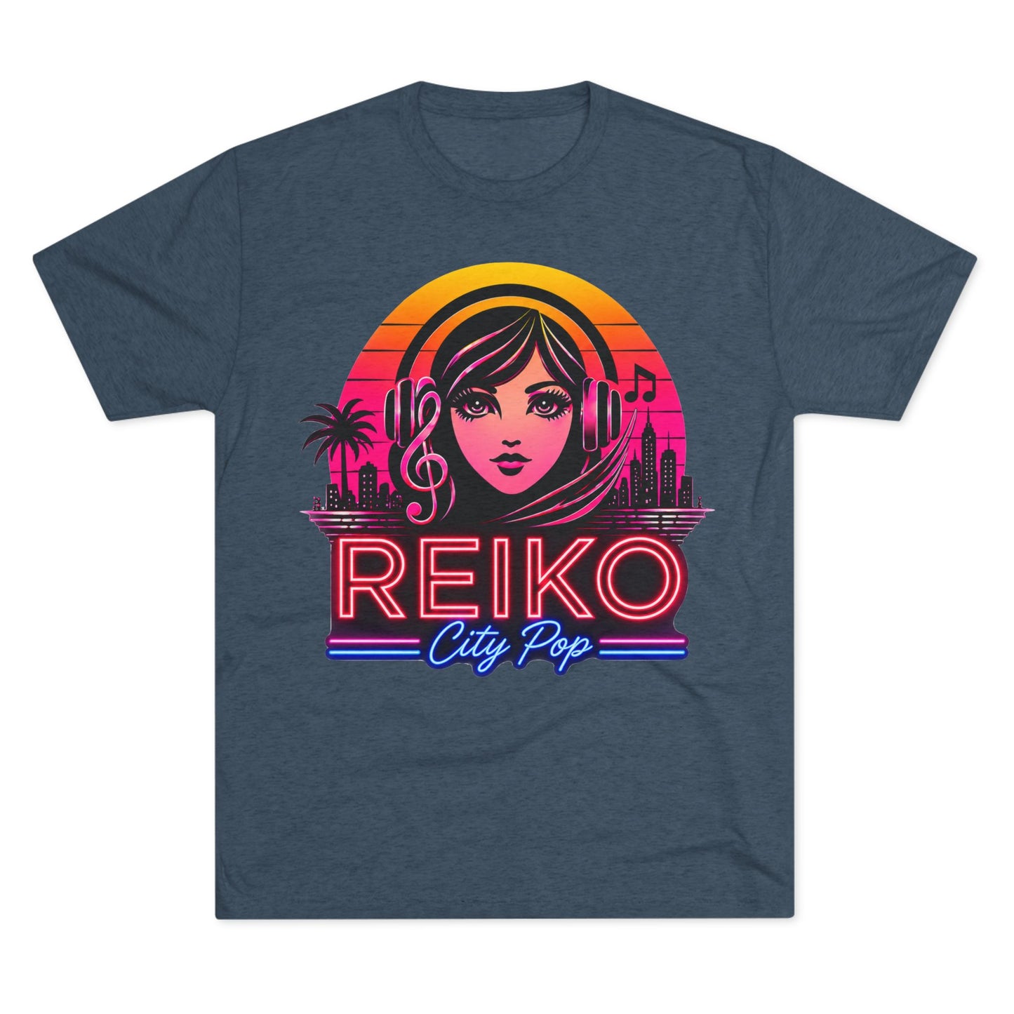 Straight front view of the Reiko Takahashi City Pop Sunset Logo Tee in Indigo, printed on a premium Next Level try-blend T-shirt featuring retro neon artwork inspired by the song "Sunset Road."