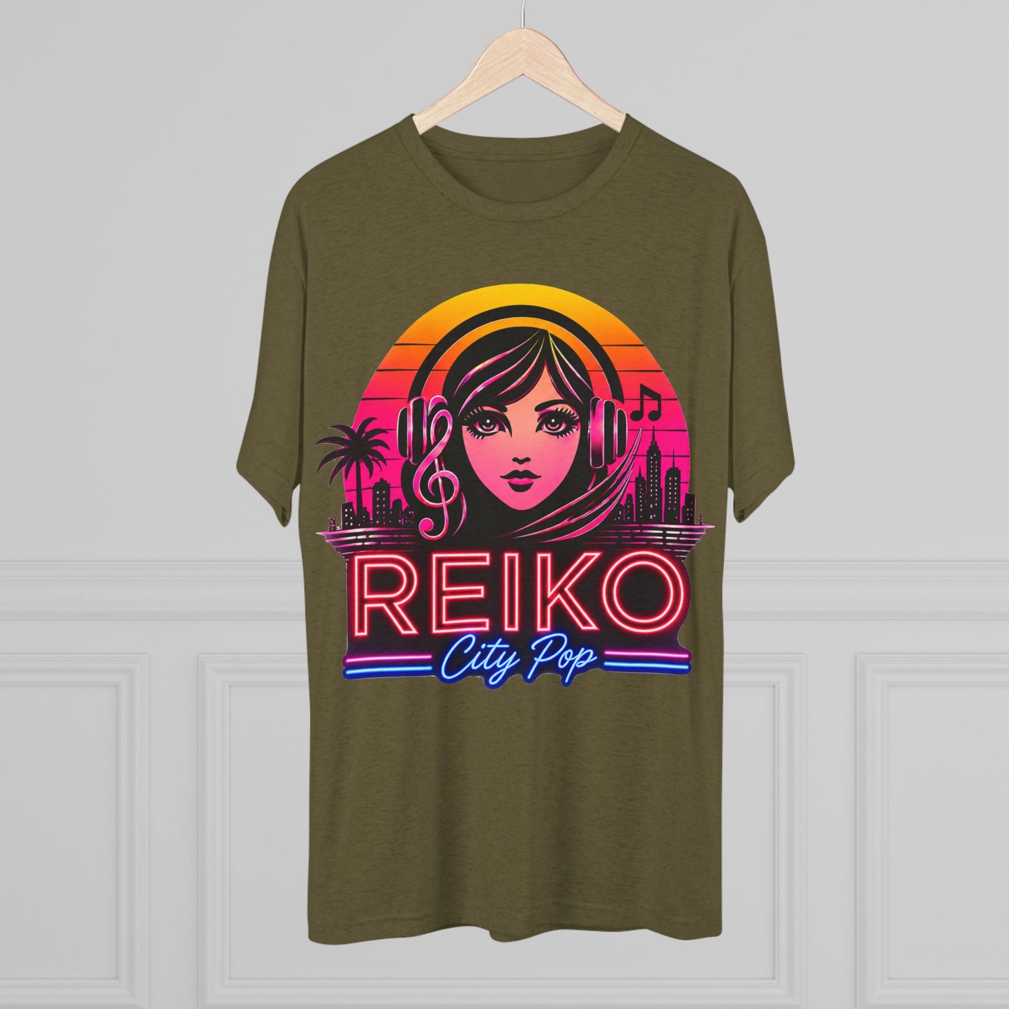 Front view of the Reiko Takahashi City Pop Sunset Logo Tee in Military Green, printed on a premium Next Level tri-blend T-shirt and displayed on a wooden hanger. Features retro neon artwork inspired by the song "Sunset Road."