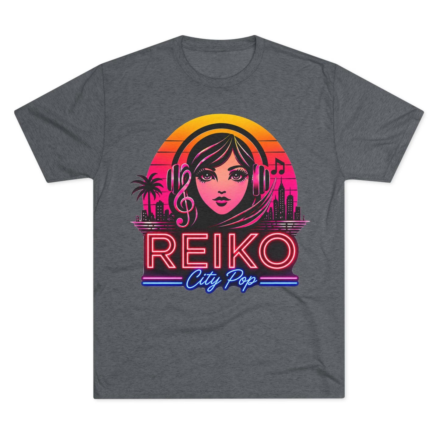Straight front view of the Reiko Takahashi City Pop Sunset Logo Tee in Premium Heather, printed on a premium Next Level try-blend T-shirt featuring retro neon artwork inspired by the song "Sunset Road."