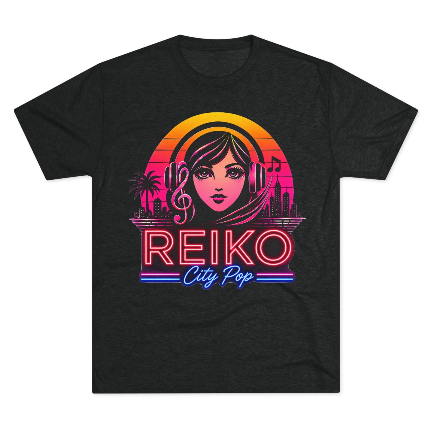 Straight front view of the Reiko Takahashi City Pop Sunset Logo Tee in Vintage Black, printed on a premium Next Level try-blend T-shirt featuring retro neon artwork inspired by the song "Sunset Road."
