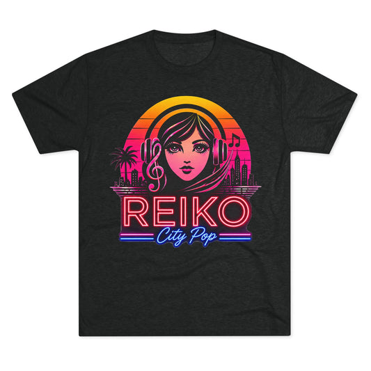 Straight front view of the Reiko Takahashi City Pop Sunset Logo Tee in Vintage Black, printed on a premium Next Level try-blend T-shirt featuring retro neon artwork inspired by the song "Sunset Road."
