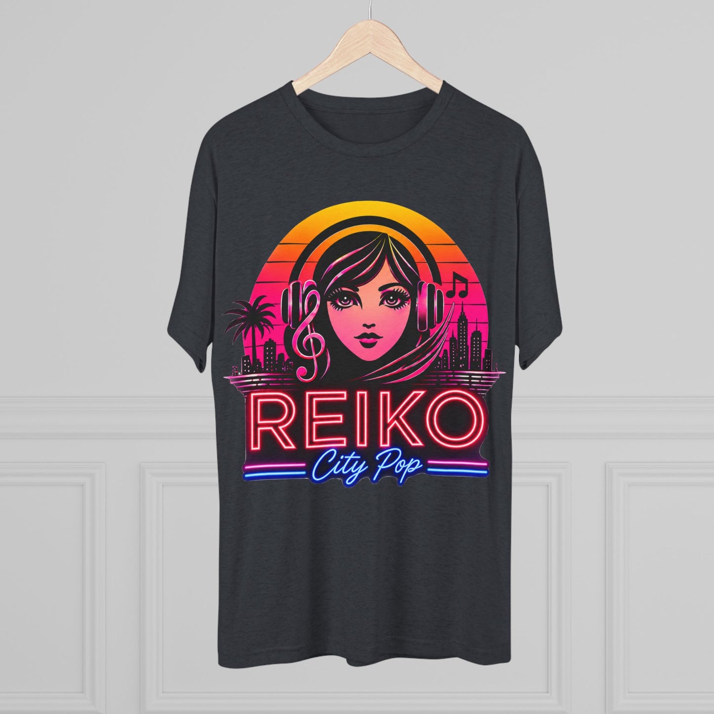 Front view of the Reiko Takahashi City Pop Sunset Logo Tee in Vintage Navy, printed on a premium Next Level tri-blend T-shirt and displayed on a wooden hanger. Features retro neon artwork inspired by the song "Sunset Road."