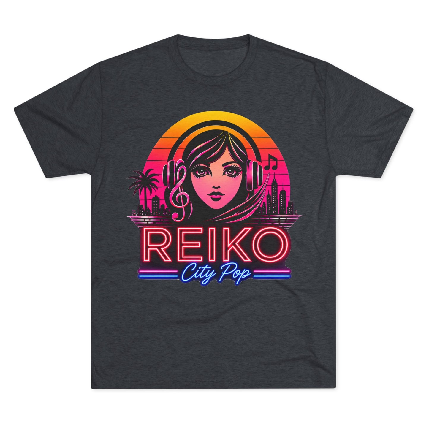 Straight front view of the Reiko Takahashi City Pop Sunset Logo Tee in Vintage Navy, printed on a premium Next Level try-blend T-shirt featuring retro neon artwork inspired by the song "Sunset Road."