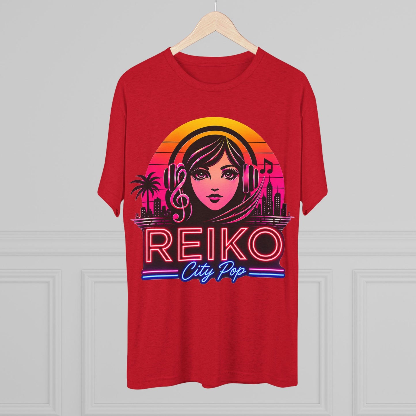 Front view of the Reiko Takahashi City Pop Sunset Logo Tee in Vintage Red, printed on a premium Next Level tri-blend T-shirt and displayed on a wooden hanger. Features retro neon artwork inspired by the song "Sunset Road."
