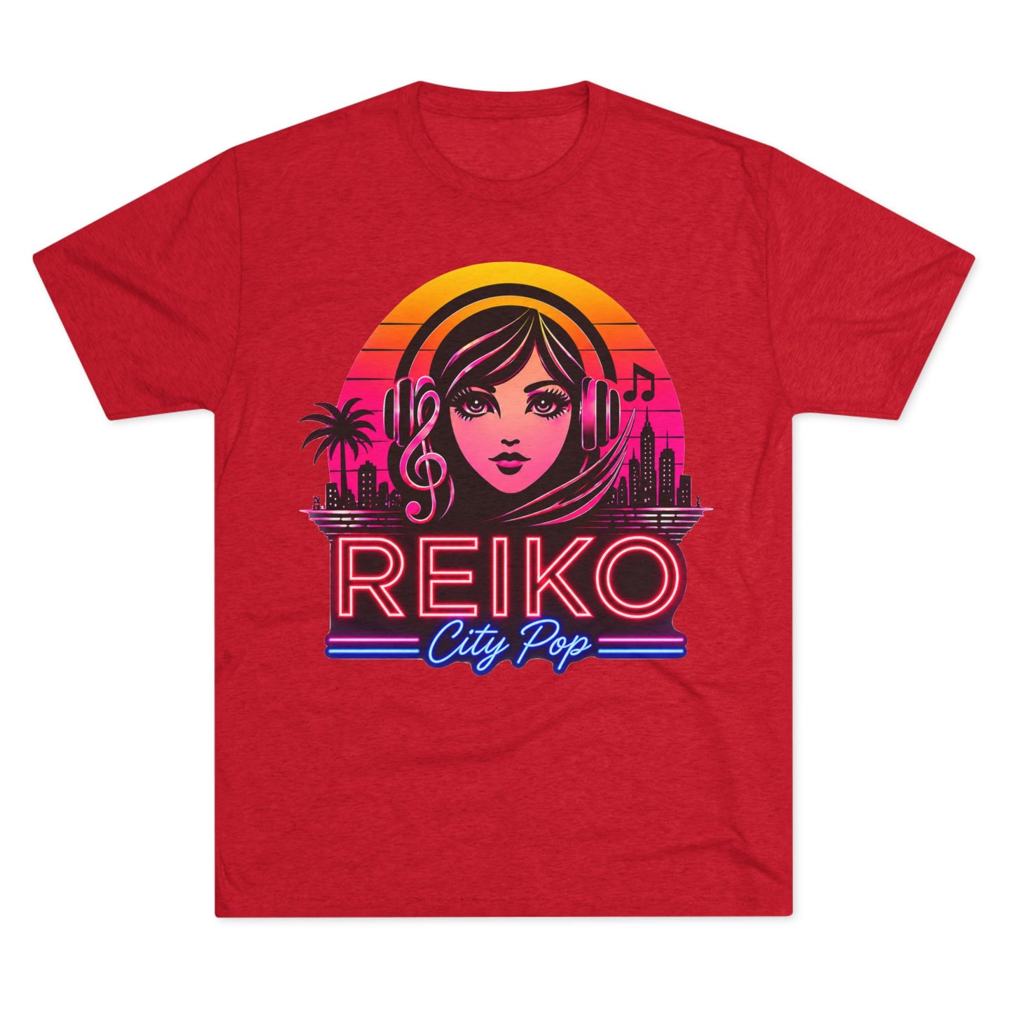 Straight front view of the Reiko Takahashi City Pop Sunset Logo Tee in Vintage Red, printed on a premium Next Level try-blend T-shirt featuring retro neon artwork inspired by the song "Sunset Road."