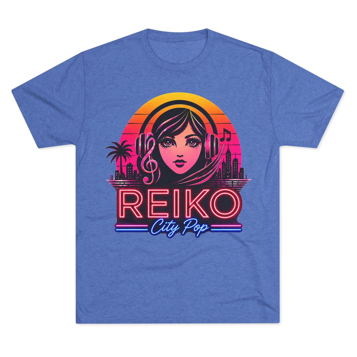 Straight front view of the Reiko Takahashi City Pop Sunset Logo Tee in Vintage Royal Blue, printed on a premium Next Level try-blend T-shirt featuring retro neon artwork inspired by the song "Sunset Road."